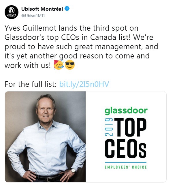 2019年员工票选加拿大最佳CEO “苏妈”第一 育碧老总第三