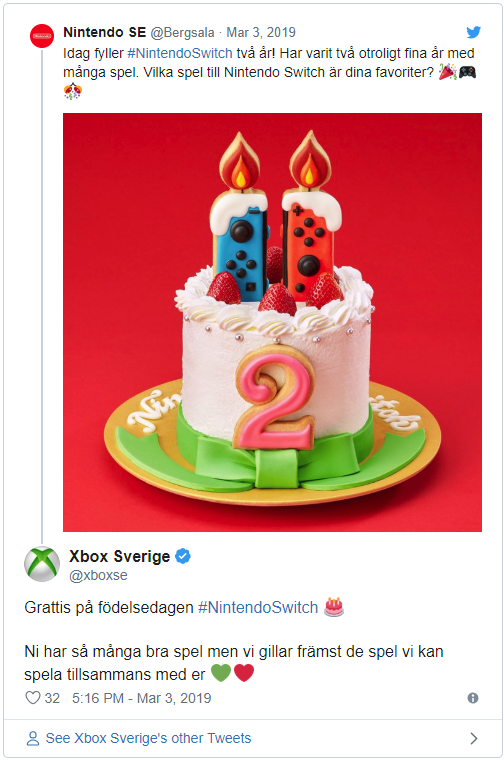 Switch发行两周年 Xbox在当天发推表示祝贺